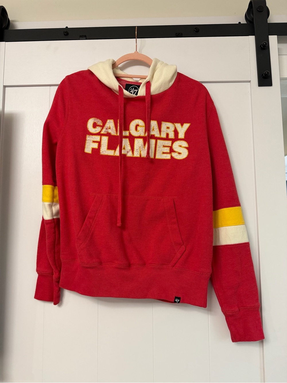 47 Calgary Flames Red Hoodie with Cream Hood and Yellow Stripe